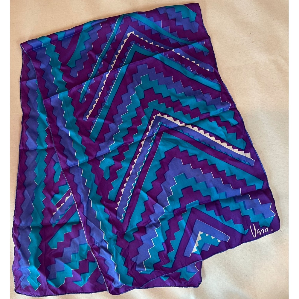 Vera Neumann Vintage Silk Scarf Purple Blue Turquoise Geometric Zigzag